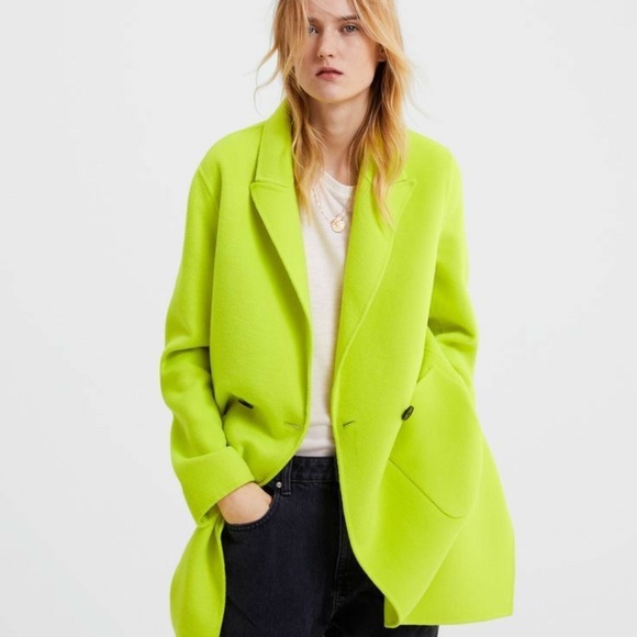 ZARA fluorescent yellow long wool coat SIZE M - Picture 2 of 7